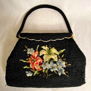 1950s Beaded Handbag Black Floral Needlepoint Scalloped Hinge Golden Closure
